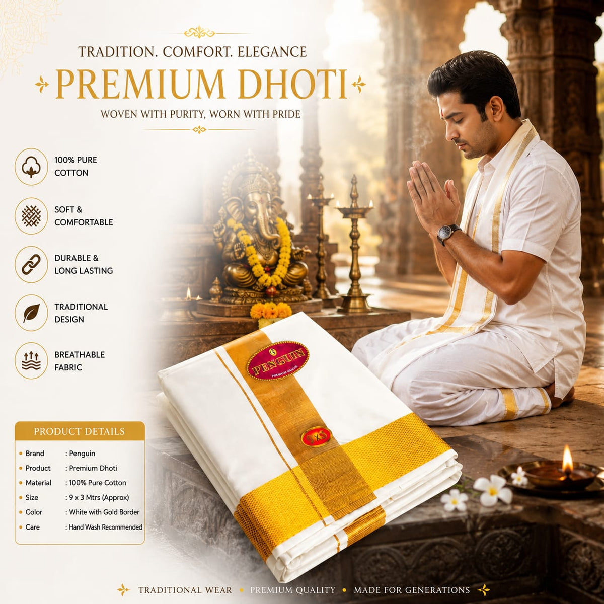 COTTON PATTAR PANCHE- gold border image 2