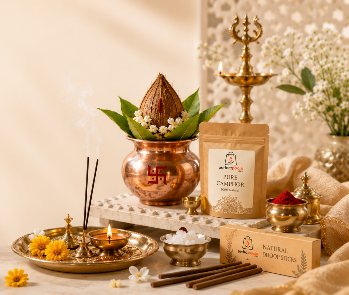 A styled product arrangement on a draped beige fabric surface featuring a pouch of Pure Camomile tea, a box of Natural Rooi Tea, brass incense burners, a copper pot with a decorated coconut, and small decorative lamps. The Perfect Pooja brand logo is visible in the top-left corner.